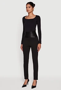 Womens Ponte Bandage Waistband High Waisted Slim Leg Pants, Black, Size L