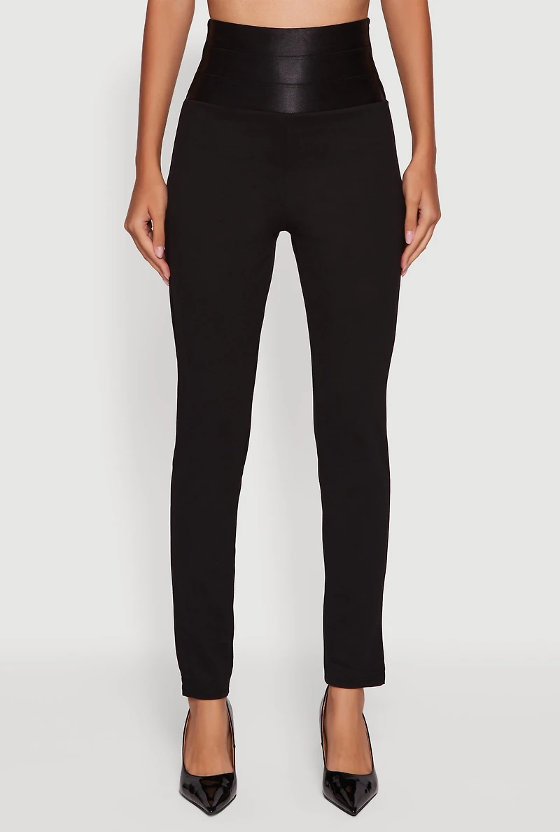 Womens Ponte Bandage Waistband High Waisted Slim Leg Pants, Black, Size L