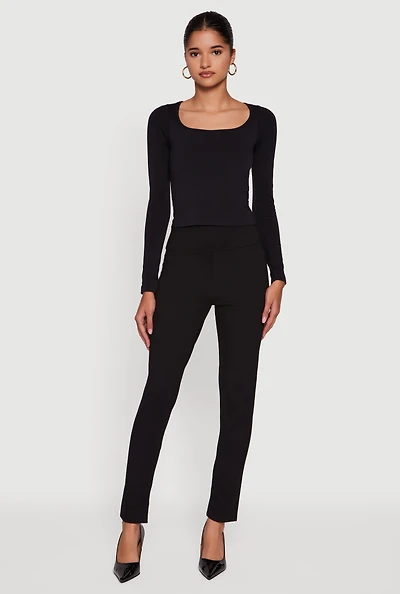Womens Ponte Pintuck Slim Leg Pants, Black,