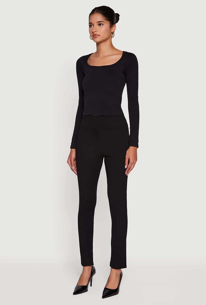 Womens Ponte Pintuck Slim Leg Pants, Black,