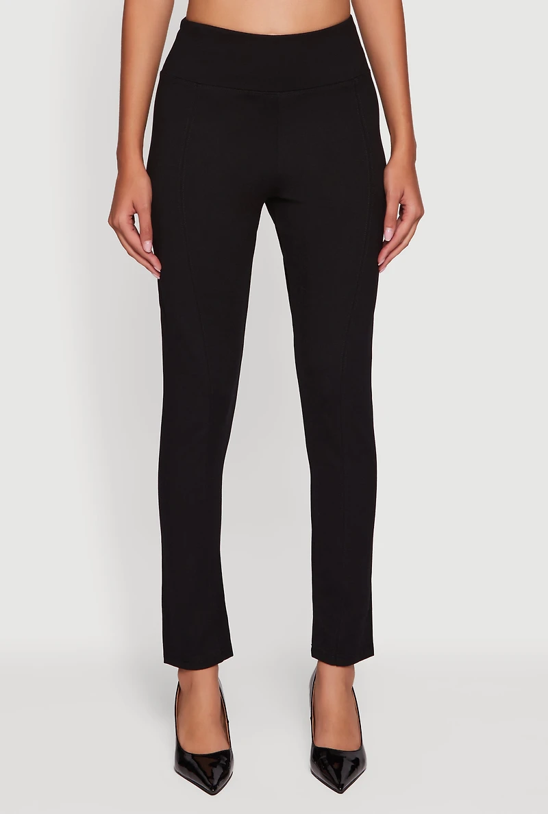 Womens Ponte Pintuck Slim Leg Pants, Black,