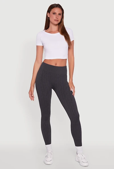 Womens Textured Knit Fleece Lined Leggings, Grey, Size S-M