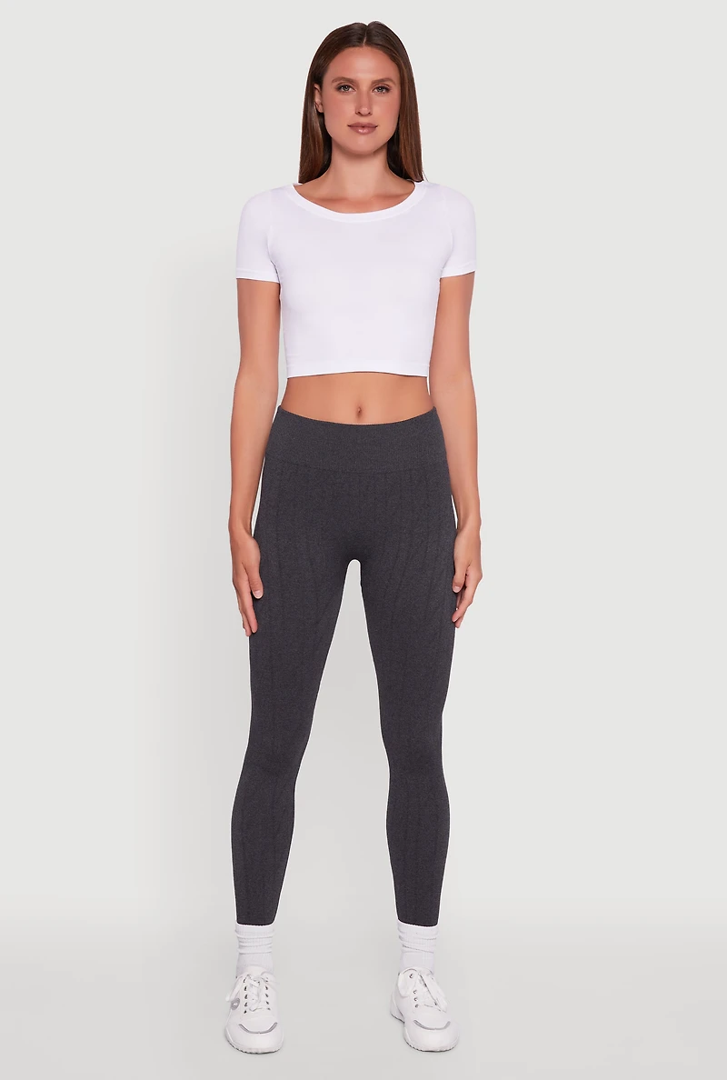 Womens Textured Knit Fleece Lined Leggings, Grey, Size S-M