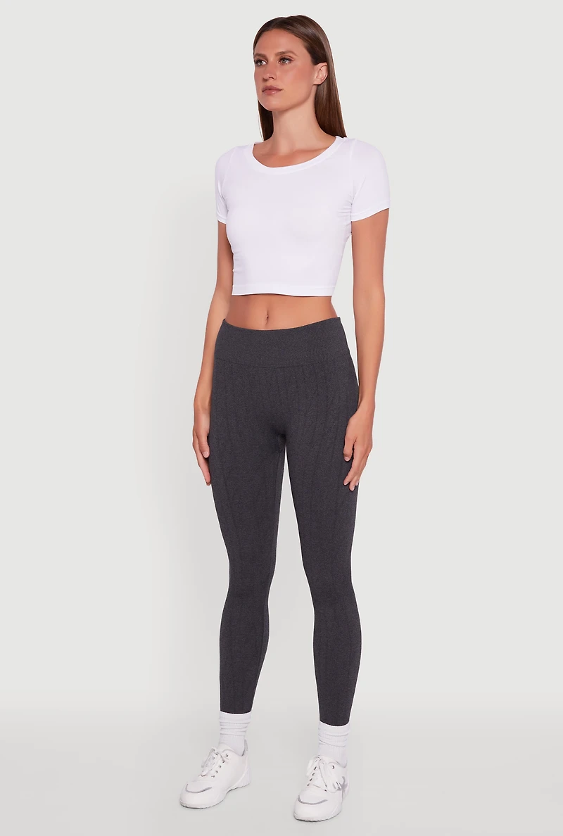 Womens Textured Knit Fleece Lined Leggings, Grey, Size S-M
