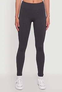 Womens Textured Knit Fleece Lined Leggings, Grey, Size S-M