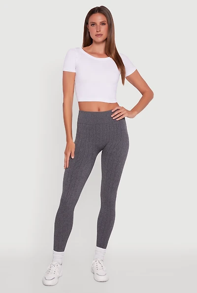 Womens Textured Knit Fleece Lined Leggings, Grey, Size S-M