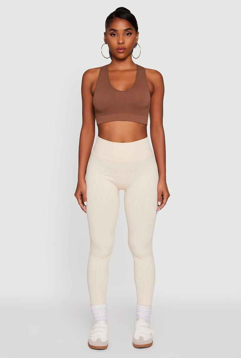 Womens Textured Knit Fleece Lined Leggings, Khaki, Size L-XL