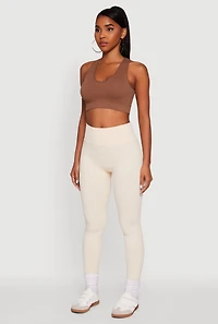 Womens Textured Knit Fleece Lined Leggings, Khaki, Size L-XL