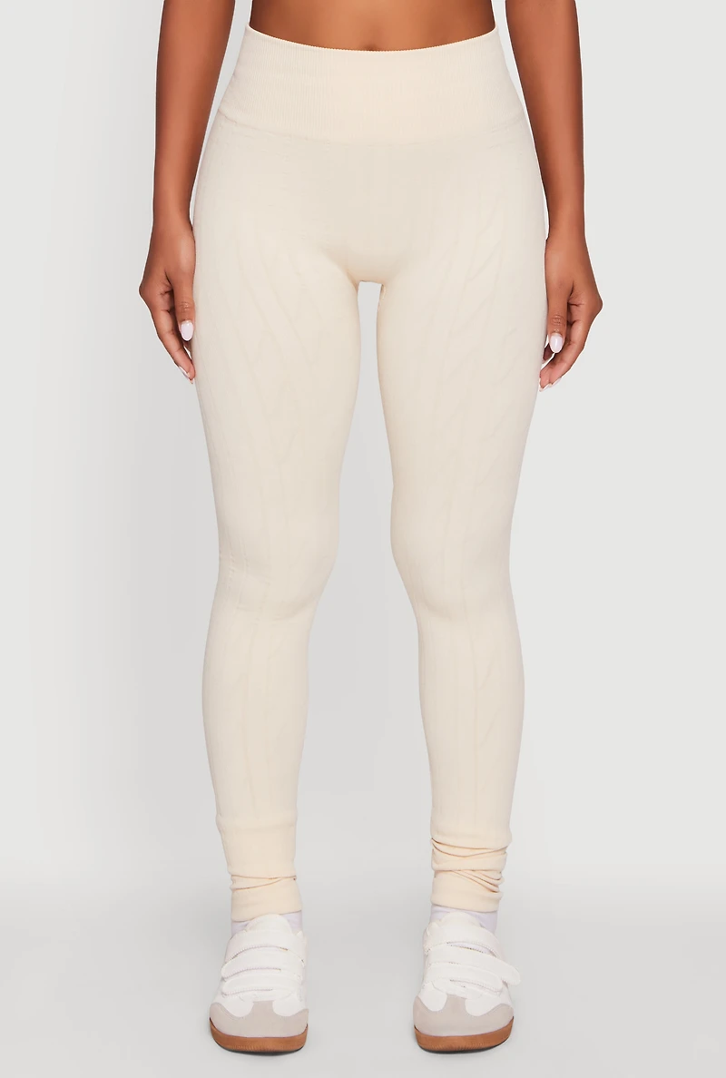 Womens Textured Knit Fleece Lined Leggings, Khaki, Size L-XL