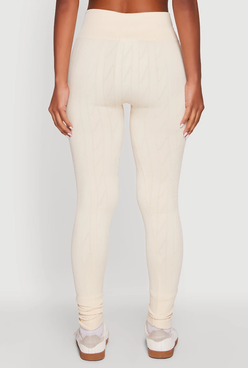Womens Textured Knit Fleece Lined Leggings, Khaki, Size L-XL