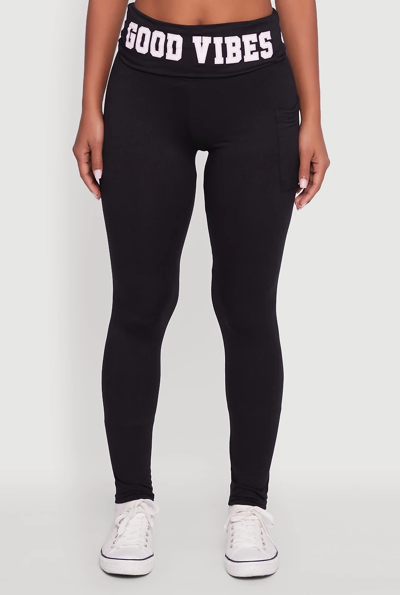 Womens Good Vibes Graphic Cell Phone Pocket Leggings, Black, Size L-XL