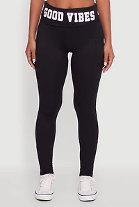 Womens Good Vibes Graphic Cell Phone Pocket Leggings, Black, Size L-XL