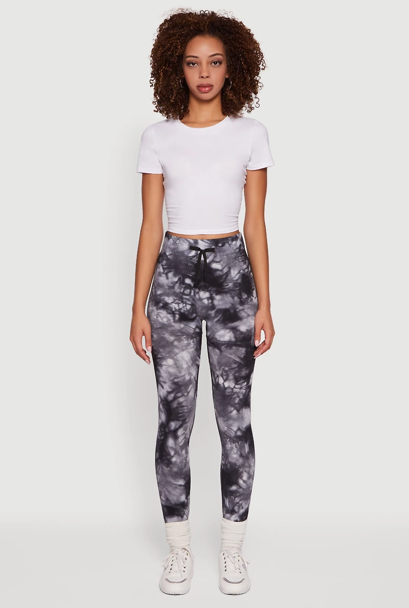 Womens Tie Dye Fleece Lined Leggings, Black, Size L-XL
