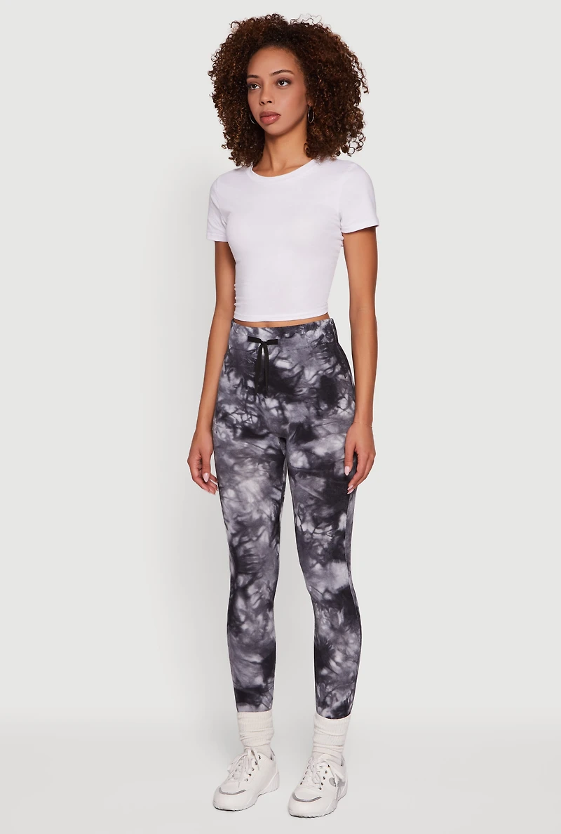 Womens Tie Dye Fleece Lined Leggings, Black, Size L-XL