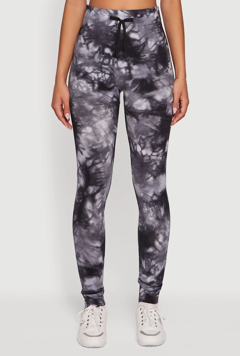 Womens Tie Dye Fleece Lined Leggings, Black, Size L-XL