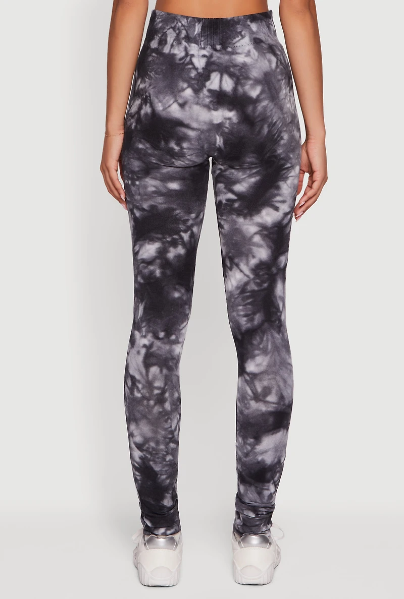 Womens Tie Dye Fleece Lined Leggings, Black, Size L-XL
