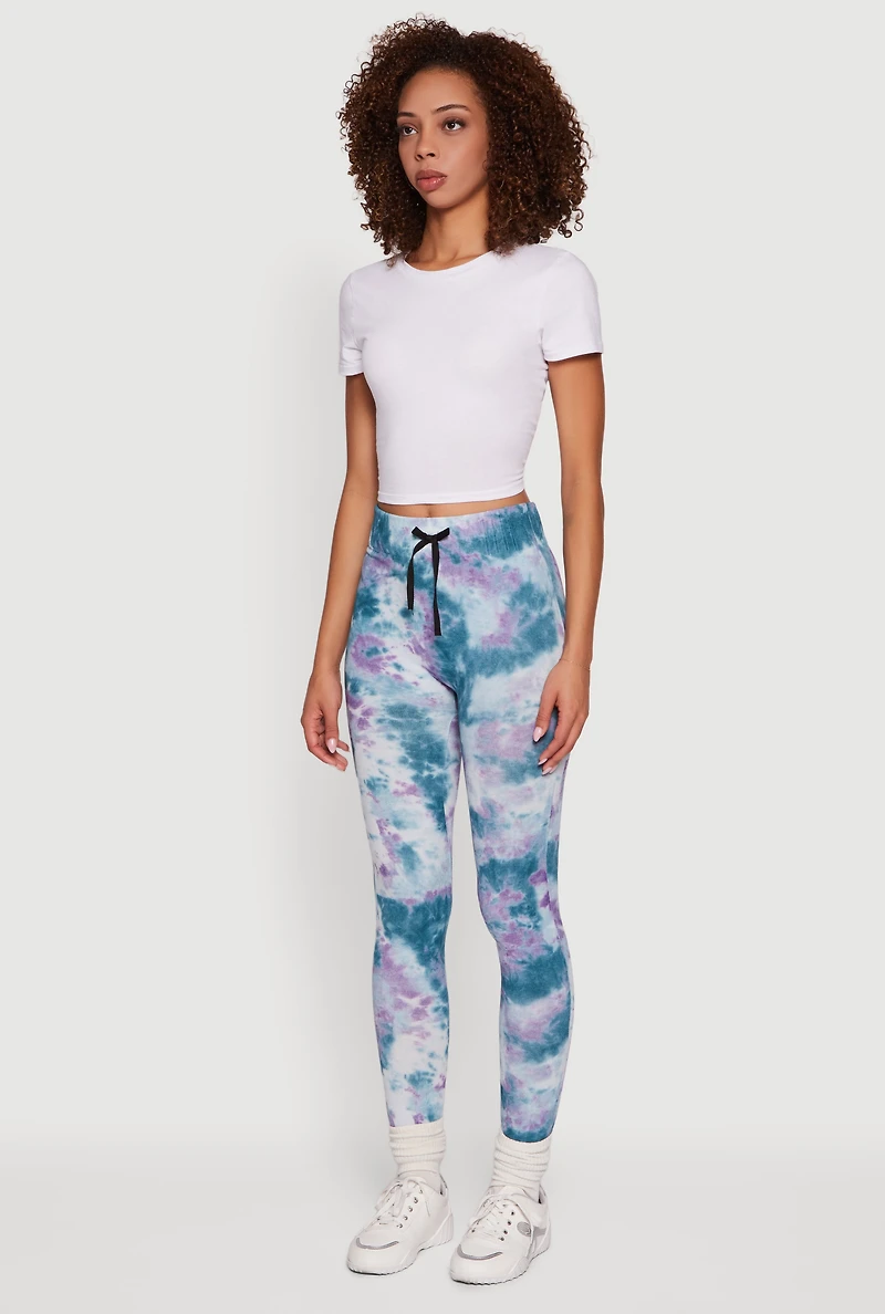 Womens Tie Dye Fleece Lined Leggings, Blue, Size S-M