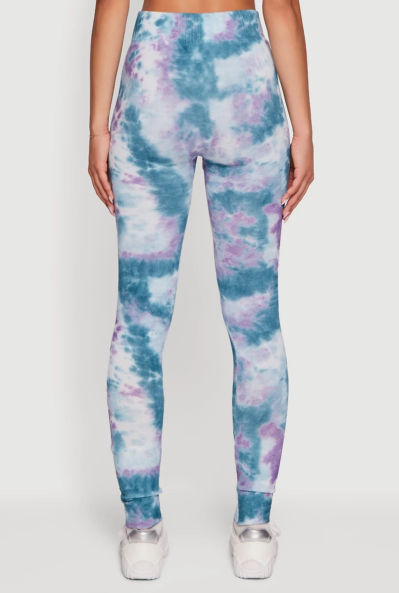 Womens Tie Dye Fleece Lined Leggings, Blue, Size S-M