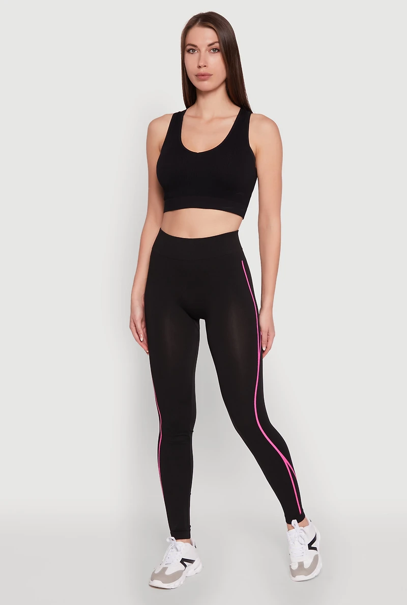 Womens Trendy Contrast Trim High Waisted Leggings, Black, Size S-M
