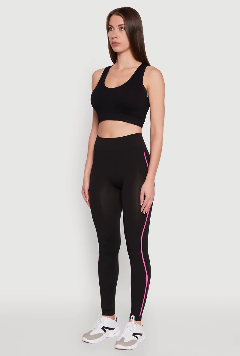 Womens Trendy Contrast Trim High Waisted Leggings, Black, Size S-M