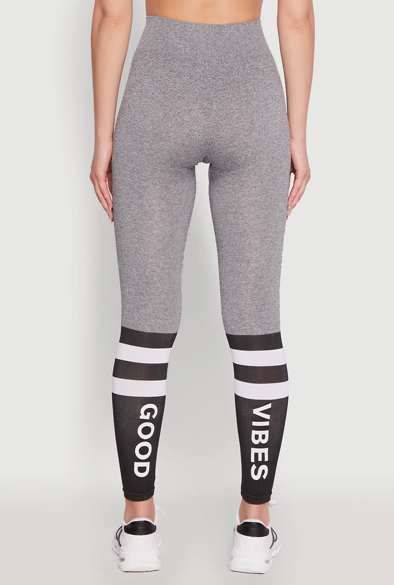 Womens Trendy High Waisted Good Vibes Graphic Leggings, Grey, Size S-M