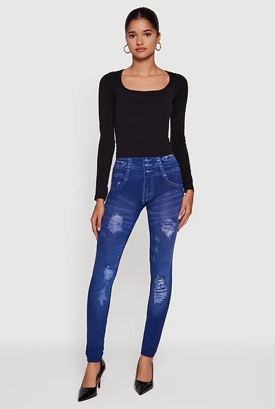 Womens Distressed Print High Waisted Push Up Jeggings, Blue, Size L-XL