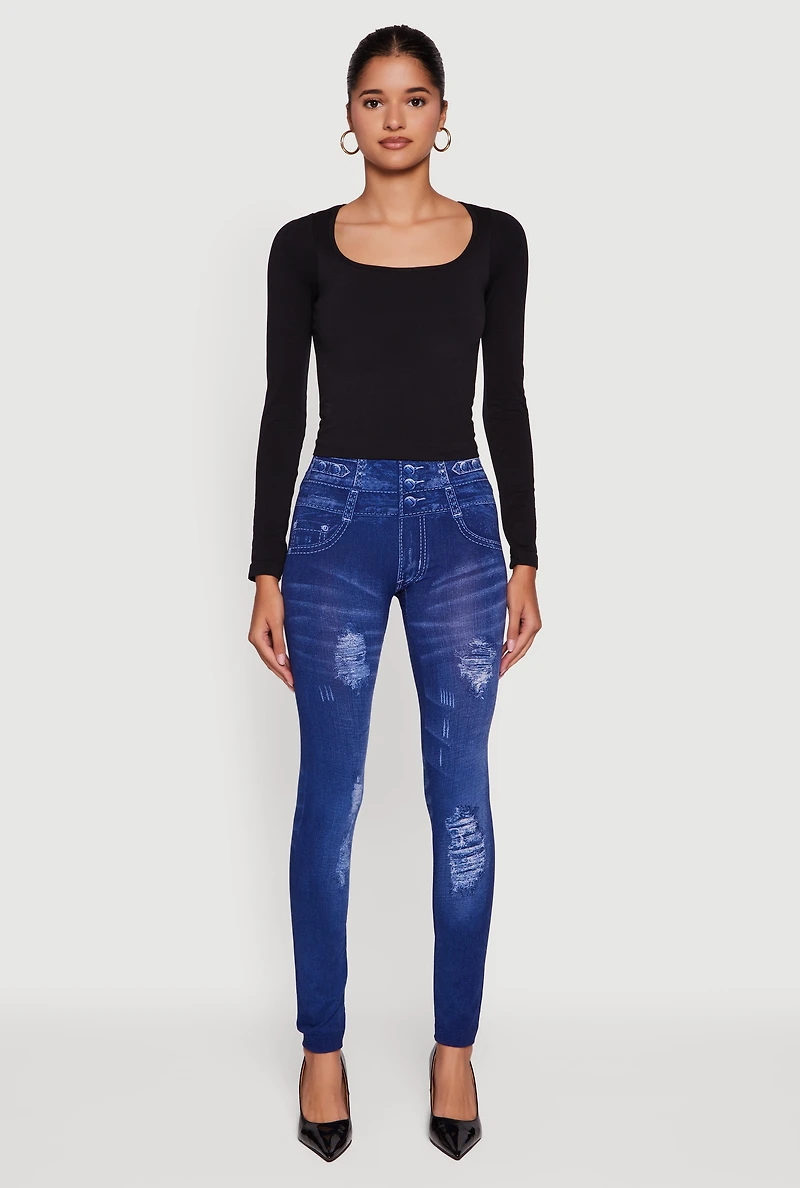 Womens Distressed Print High Waisted Push Up Jeggings, Blue, Size L-XL