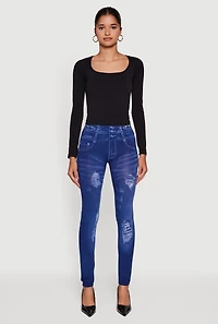 Womens Distressed Print High Waisted Push Up Jeggings, Blue, Size L-XL
