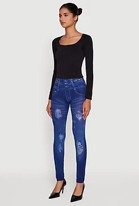 Womens Distressed Print High Waisted Push Up Jeggings, Blue, Size L-XL