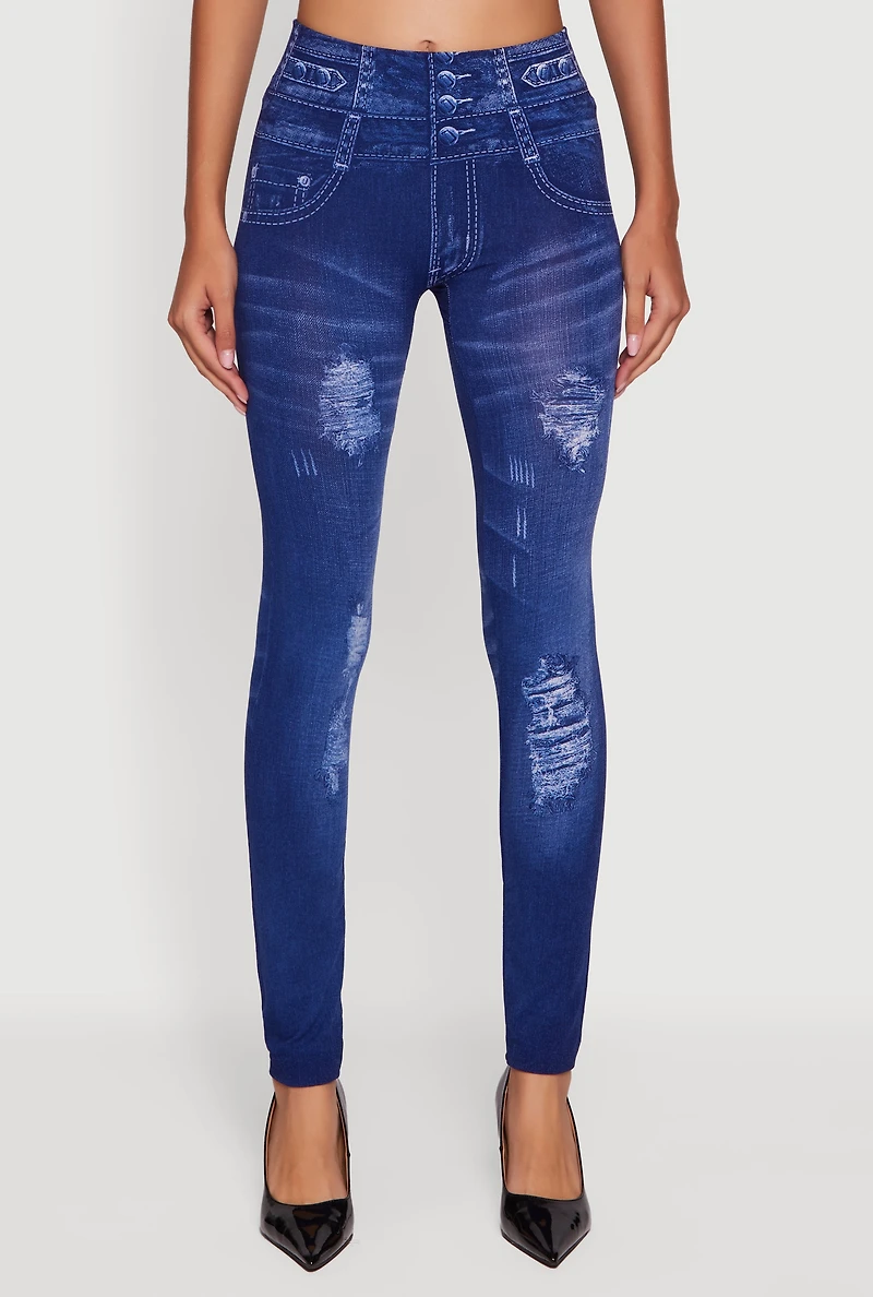 Womens Distressed Print High Waisted Push Up Jeggings, Blue, Size L-XL