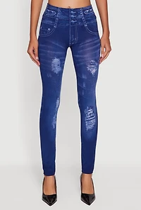 Womens Distressed Print High Waisted Push Up Jeggings, Blue, Size L-XL