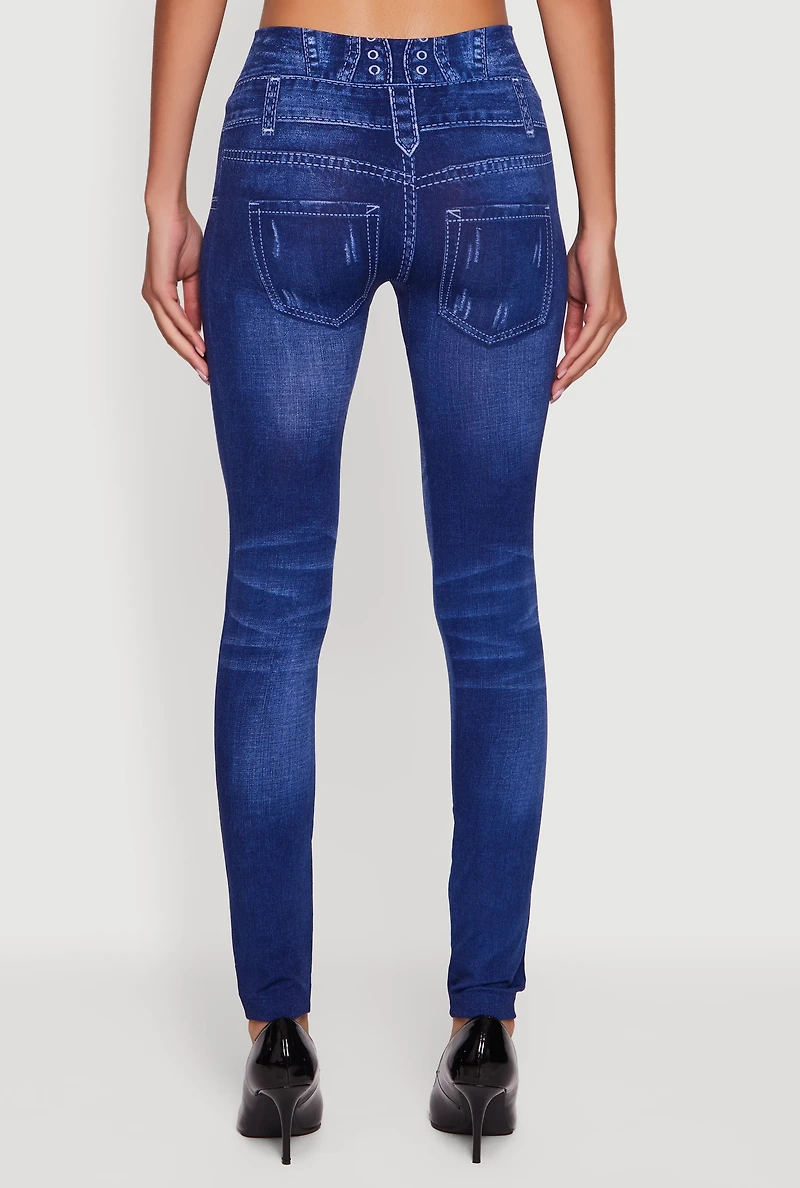 Womens Distressed Print High Waisted Push Up Jeggings, Blue, Size L-XL