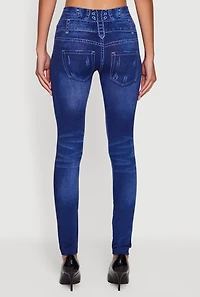 Womens Distressed Print High Waisted Push Up Jeggings, Blue, Size L-XL