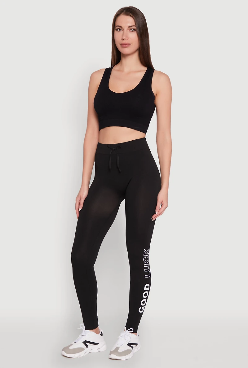 Womens Trendy High Waisted Good Luck Graphic Leggings, Black, Size S-M