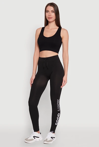 Womens Trendy High Waisted Good Luck Graphic Leggings, Black, Size S-M