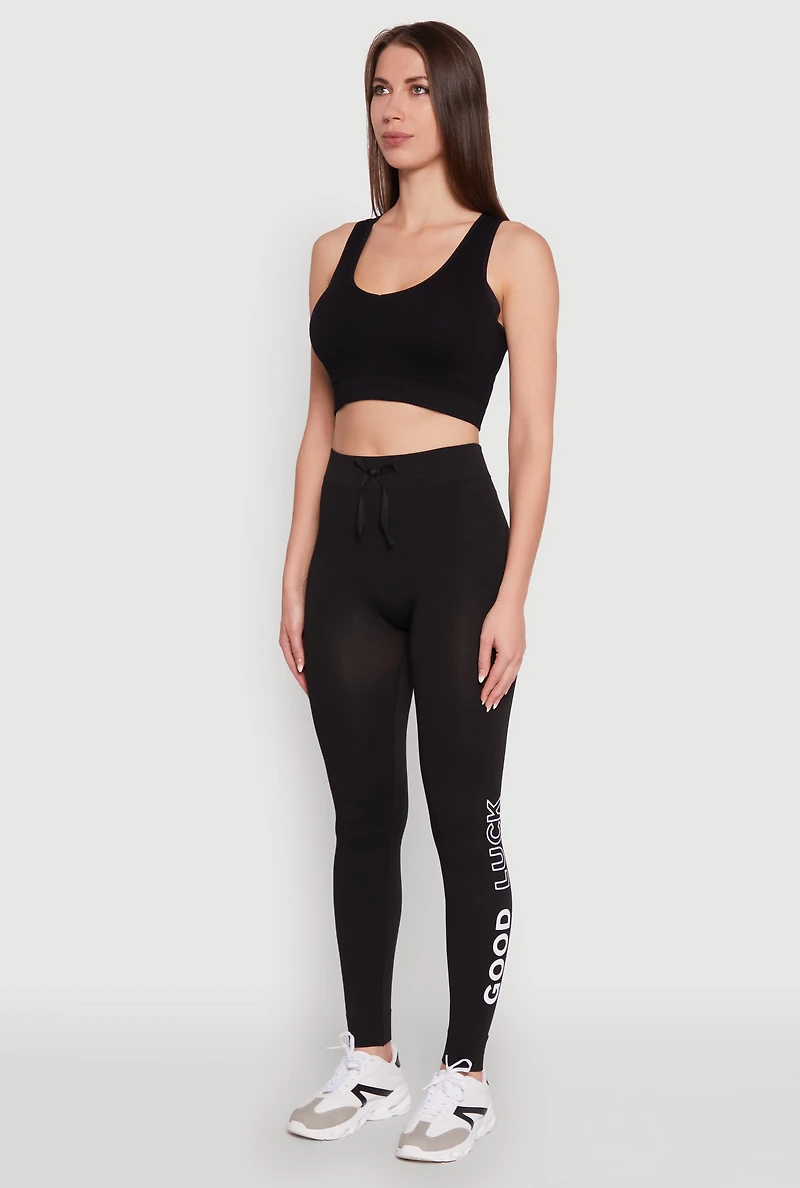Womens Trendy High Waisted Good Luck Graphic Leggings, Black, Size L-XL