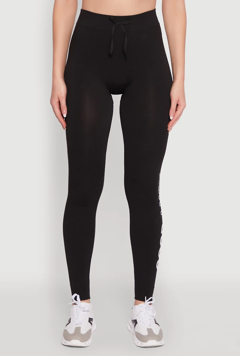 Womens Trendy High Waisted Good Luck Graphic Leggings, Black, Size L-XL