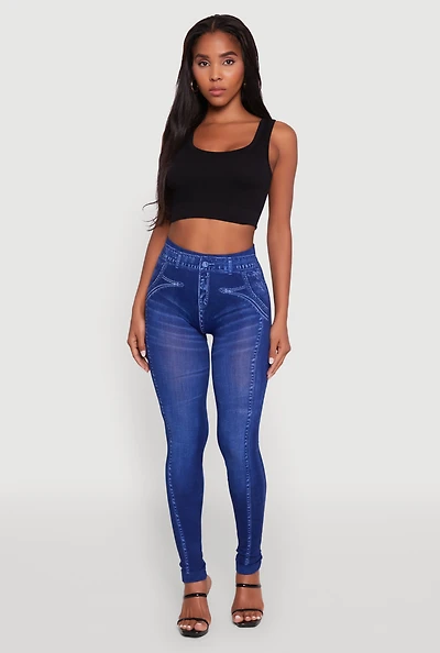 Womens Denim Print Booty Lift Leggings, Blue, Size L-XL