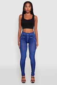 Womens Denim Print Booty Lift Leggings, Blue, Size L-XL