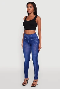 Womens Denim Print Booty Lift Leggings, Blue, Size L-XL