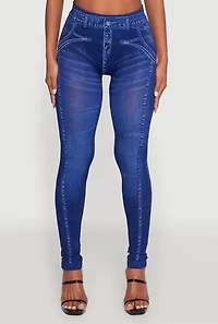 Womens Denim Print Booty Lift Leggings, Blue, Size L-XL