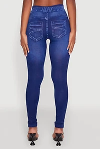 Womens Denim Print Booty Lift Leggings, Blue, Size L-XL
