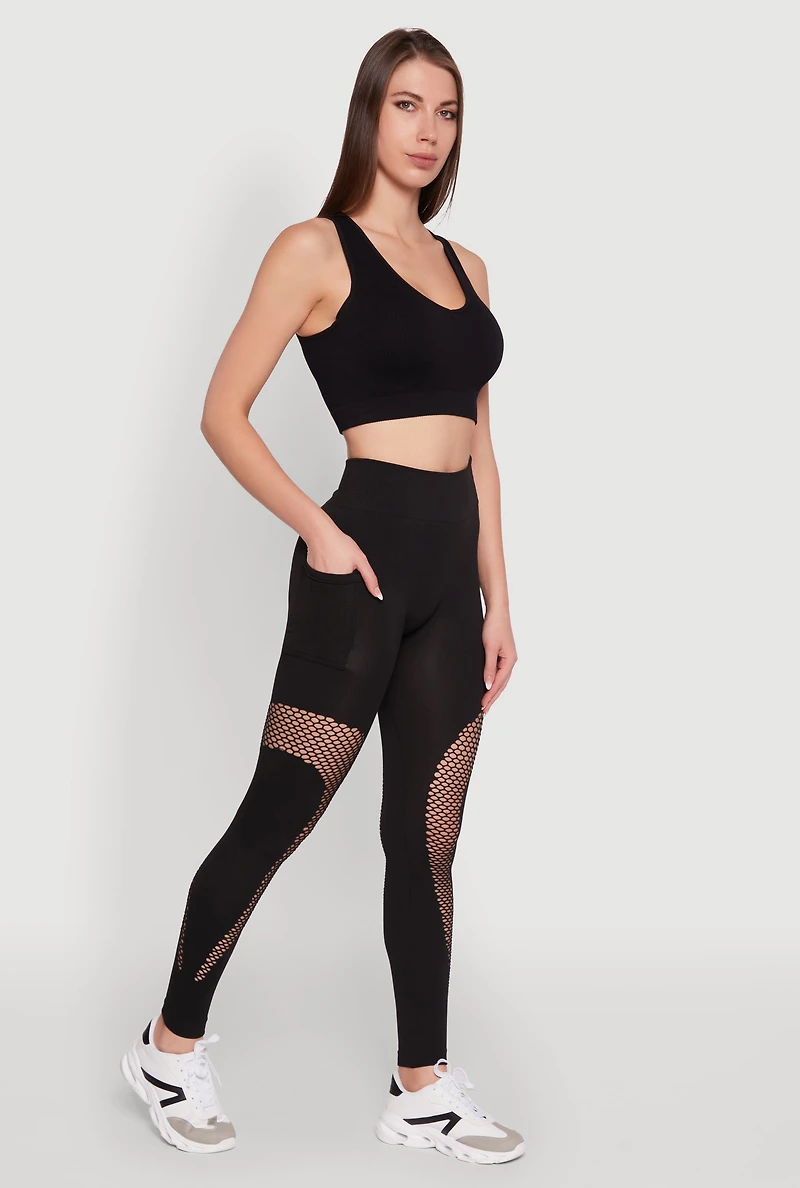 Fishnet Detail High Waisted Leggings with Booty Lift