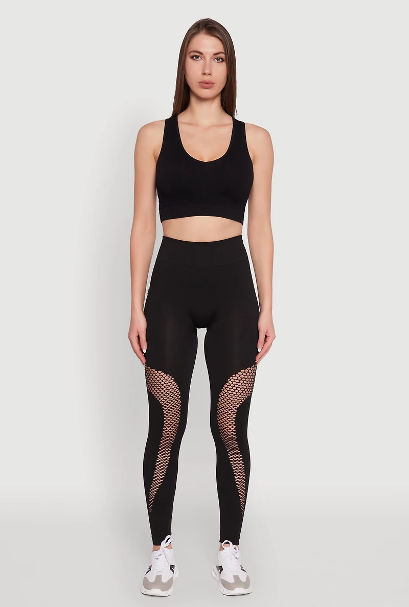 Womens Fishnet Detail High Waisted Leggings with Booty Lift, S-M