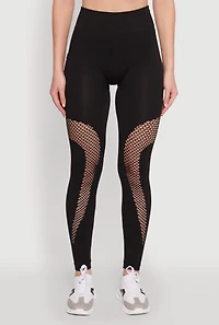 Womens Fishnet Detail High Waisted Leggings with Booty Lift, Black, Size S-M