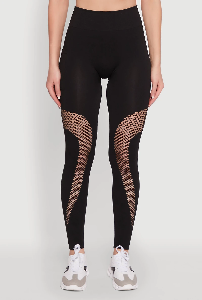 Womens Fishnet Detail High Waisted Leggings with Booty Lift, S-M
