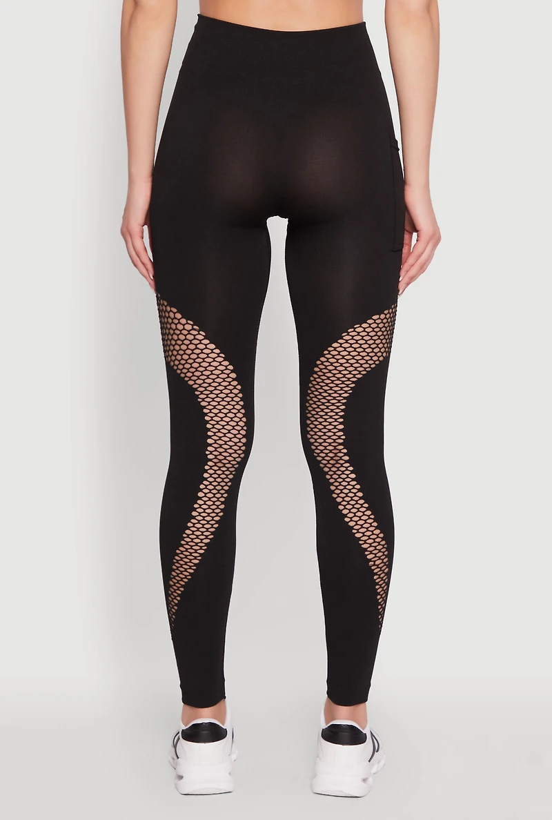 Womens Fishnet Detail High Waisted Leggings with Booty Lift, S-M