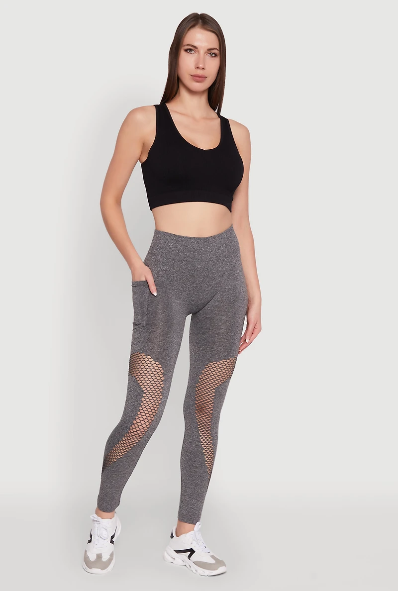 Womens Fishnet Detail High Waisted Leggings with Booty Lift, Grey, Size S-M