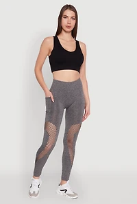 Womens Fishnet Detail High Waisted Leggings with Booty Lift, Grey, Size S-M
