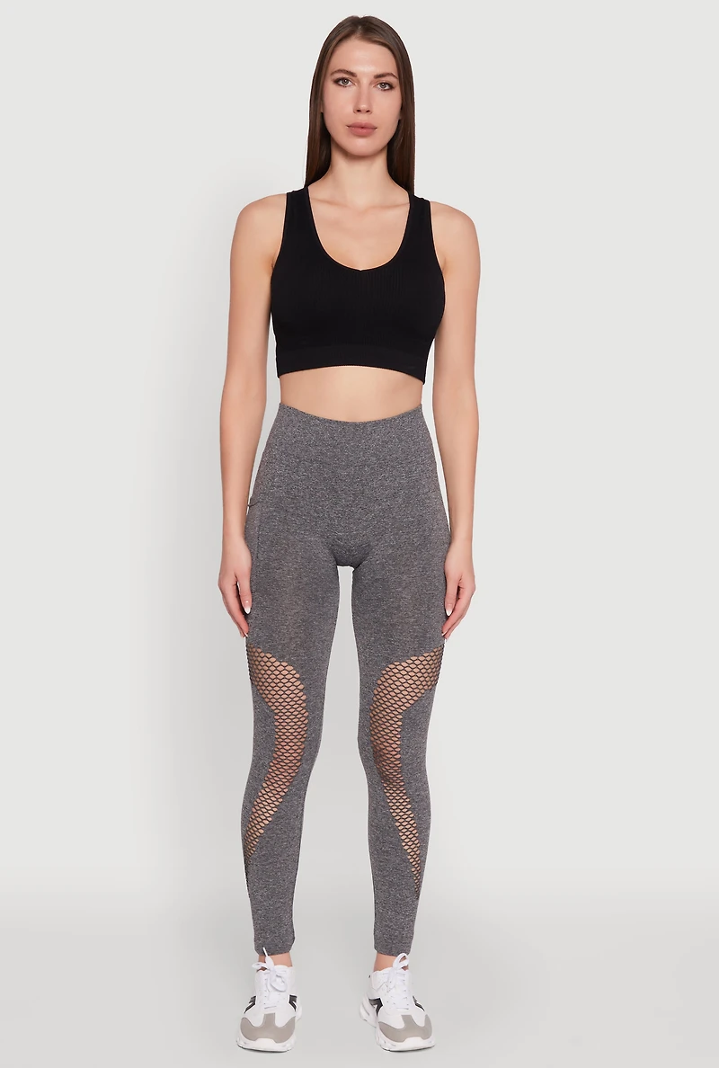 Womens Fishnet Detail High Waisted Leggings with Booty Lift, Grey,